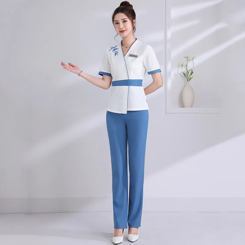 Chinese Esthetic Uniform Summer Short Sleeve Beauty Salon Beautician Clothing Women's Suit Spa Hotel Foot Massage Workwear