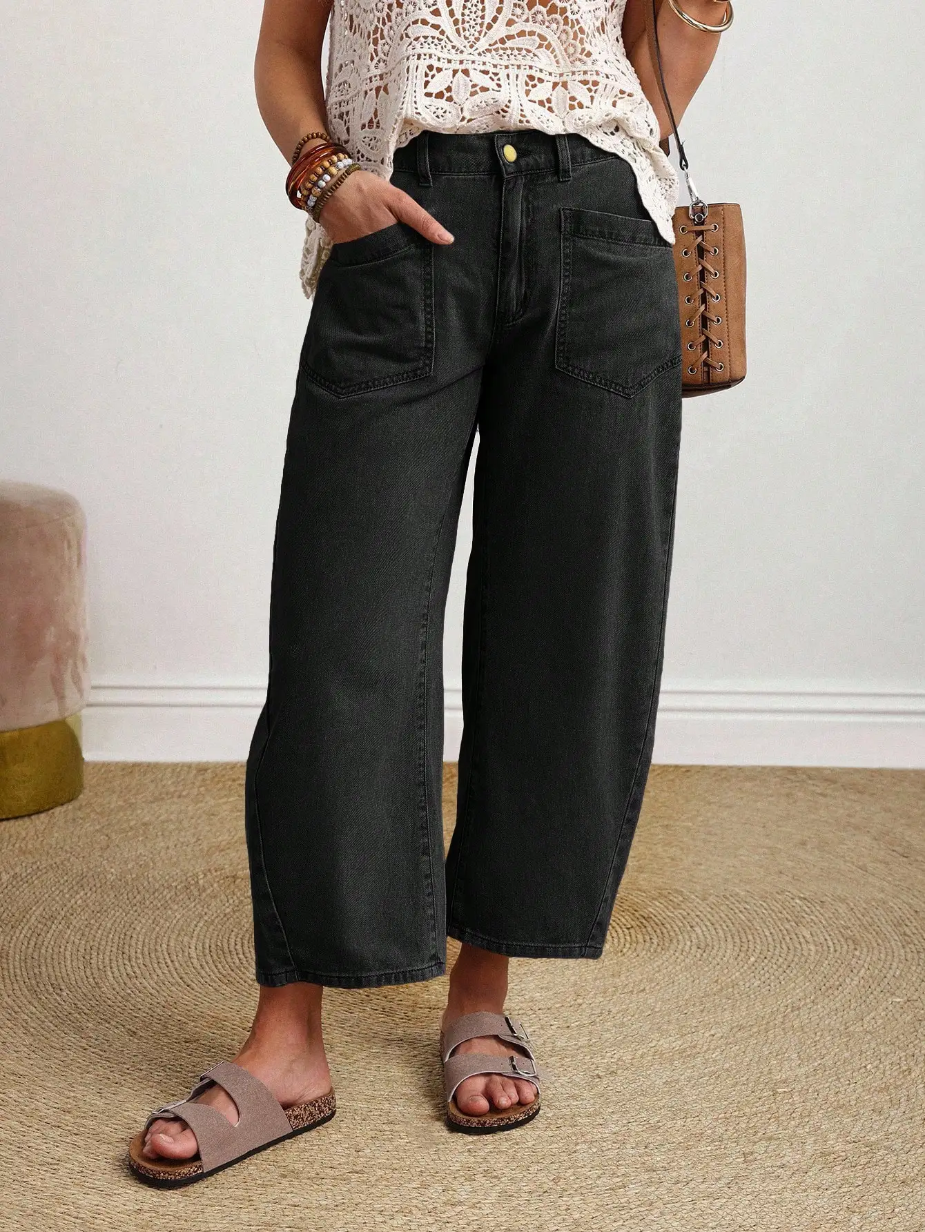 

Women's Casual Loose Wide Leg Black Denim Jeans With Pockets