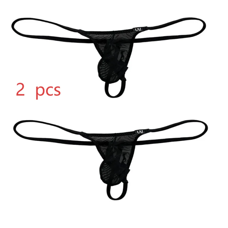 2PCS  Men's  Sexy  Mesh  Transparent  G-strings Underwear Pocket T-Back Design Penetrating Trunk Briefs  For Men