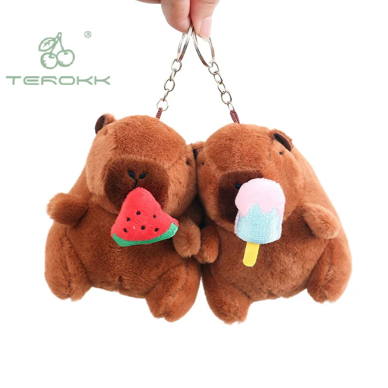 Cute Cartoon Capybara Pendant Plush Toy Pull String Ice Cream Strawberry Doll Bag Hanging Ornaments Desktop Decoration Keychain