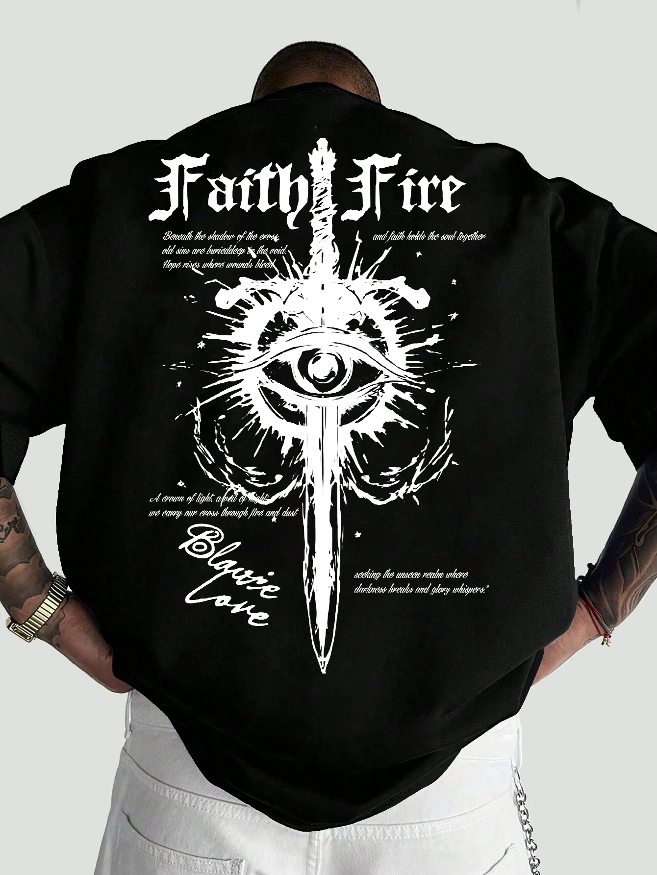 Men Oversized T-Shirt All Seeing Eye Dagger Faith Fire Gothic Poem Text Back Print Dark Streetwear Loose Tee