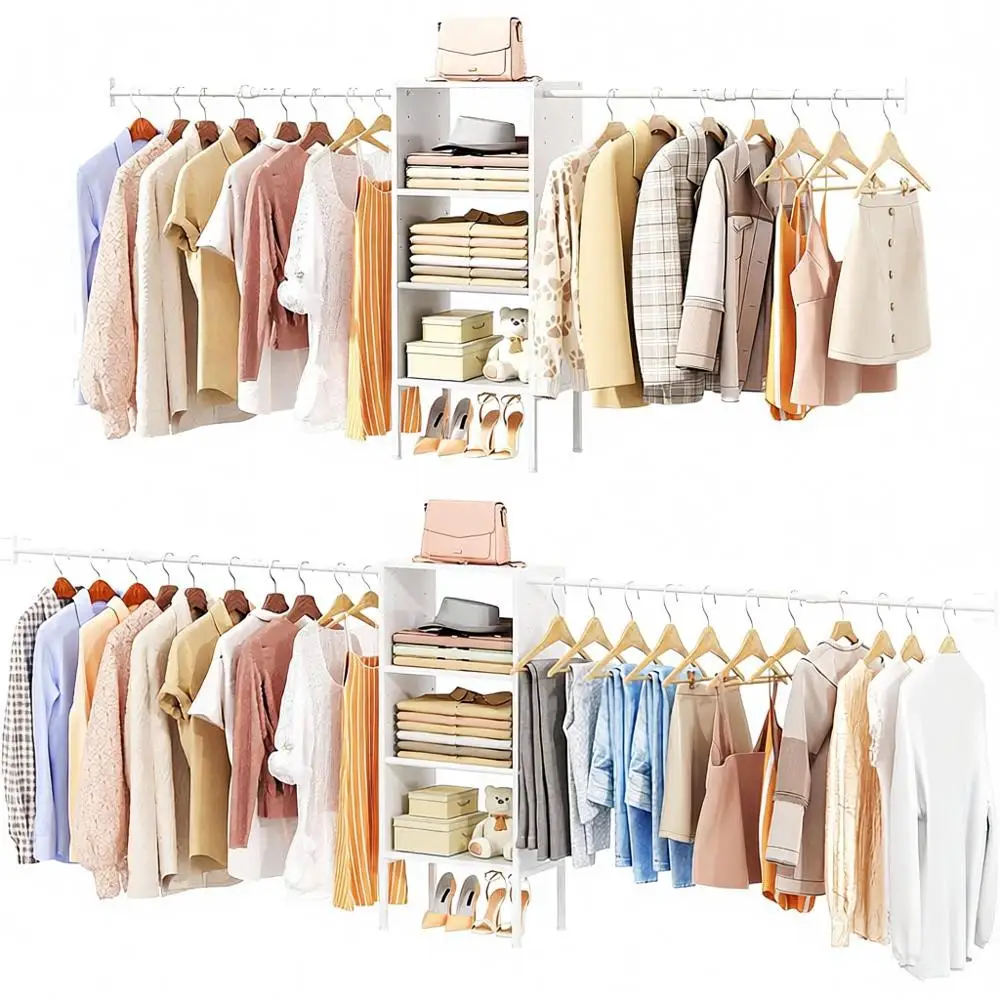 

Compact Shelving and Hanging Closet Organizer System, 5-8 Tier Wooden Storage Solution, Adjustable Clothes Rack in White
