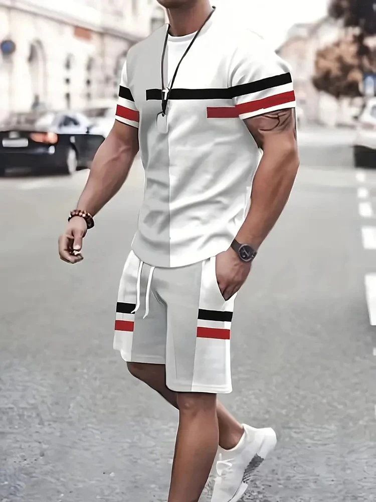 Summer street men\'s short-sleeved suit daily casual fashion short-sleeved outdoor trend sports shorts novel stripe print