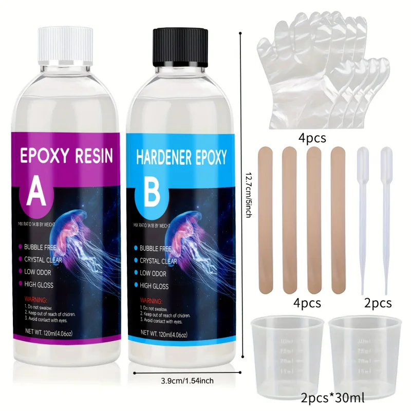راتنجات الايبوكسي، كريستال شفاف، التسوية الذاتية، مجموعة راتينج مقاومة للأشعة فوق البنفسجية ومقاومة للصدمات، مناسبة للأعمال الفنية والمجوهرات والطاولة والعد