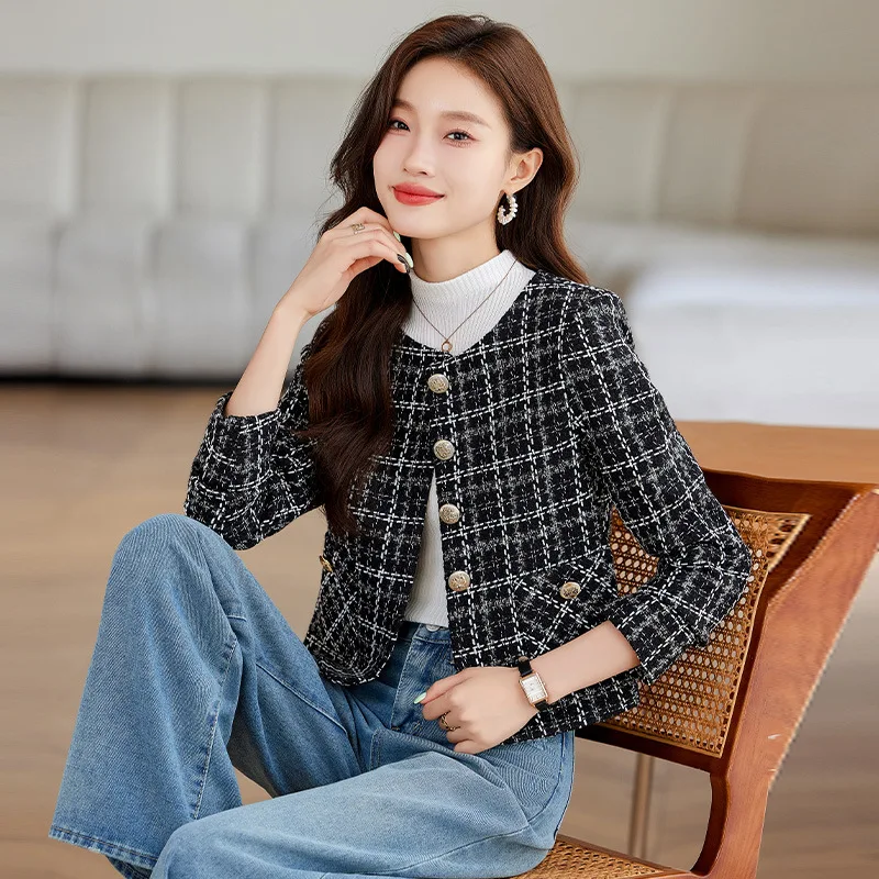 سترة صوفية قصيرة منقوشة عالية الجودة للنساء بصدر واحد للخريف والشتاء ملابس أنيقة للسيدات للمكتب باللون الأسود والأبيض #3