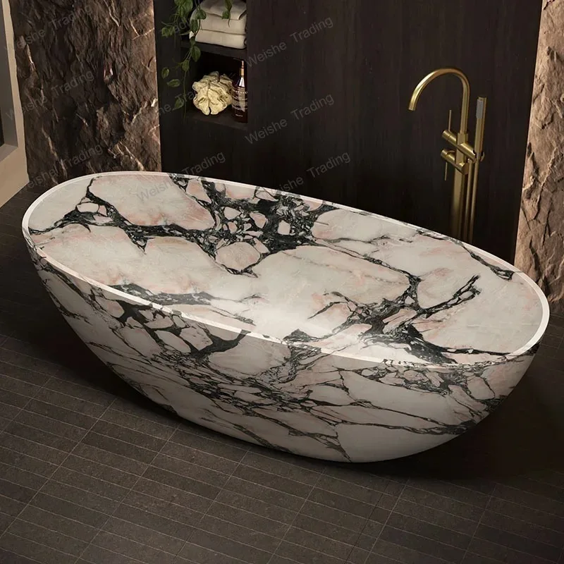 Marble Freestanding Bathtub, One-Piece Double Soaking Tub for Two, Modern Luxury Bath for Home, Hotel, Villa & Guesth