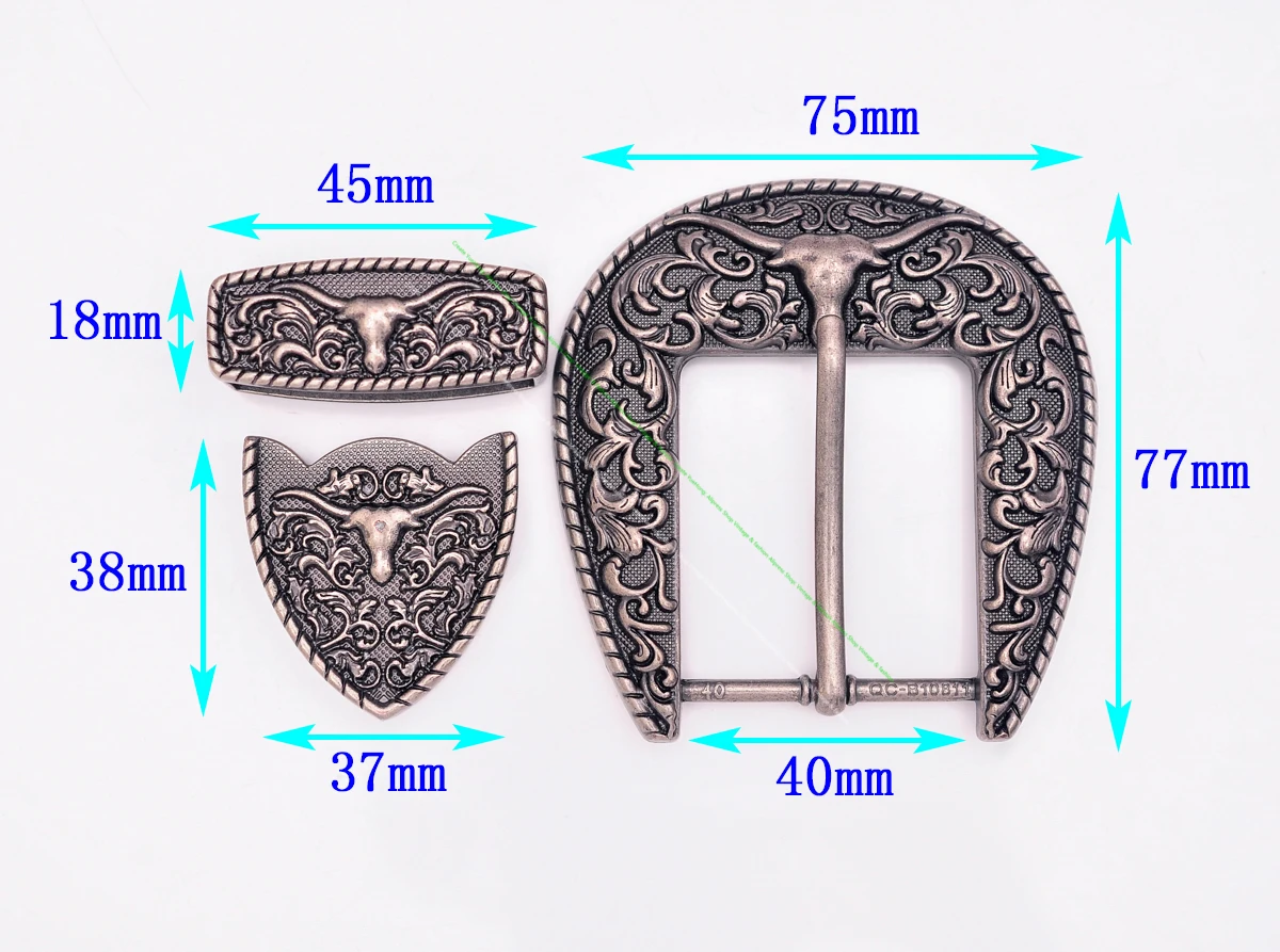 Heavy Strong Antique Silver Floral Western Cowboy Longhorn Bull SKull Rodeo Three Piece Set Belt Buckle Unisex Fits 40mm Strap