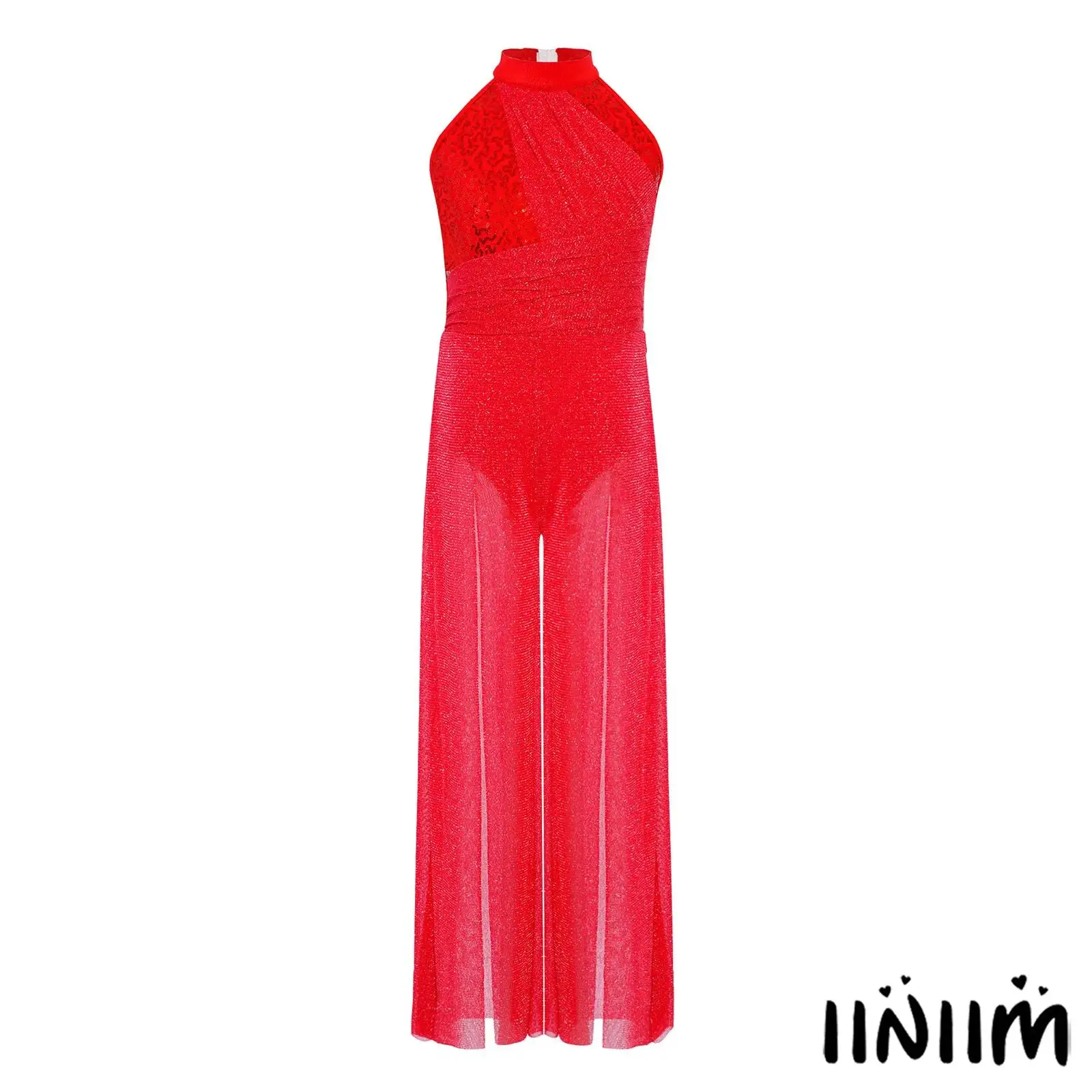 

Kids Girls Lyrical Jazz Dance Performance Jumpsuit Sleeveless Shiny Sequins Bodice Shimmery Mesh Split Wide-Leg Bodysuit