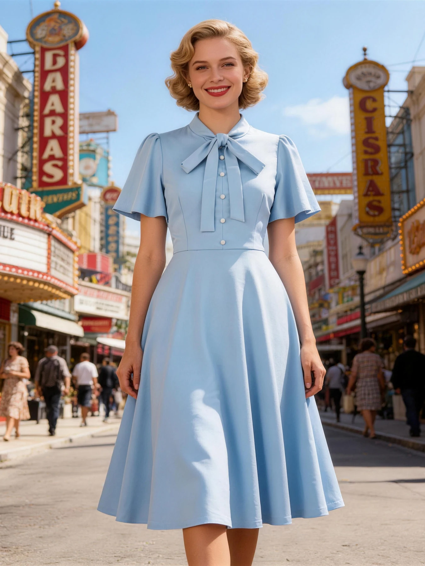 Tonval Elegantes Sommerkleid mit Schleifenkragen und Knopfleiste vorne, ausgestellten Ärmeln, für Damen, Freizeitkleidung, schlichtes Retro-Midi-Swing-Kleid