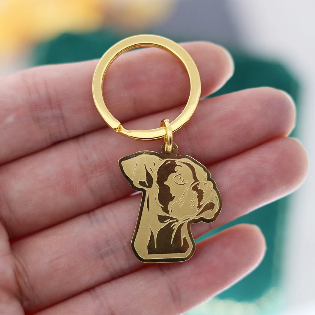 Prawdziwy pozłacany brelok do kluczy akcesoria zrób to sam śliczny bokser pies zwierzę ze stali nierdzewnej modny prezent dla dzieci unisex biżuteria punkowa brelok Deco
