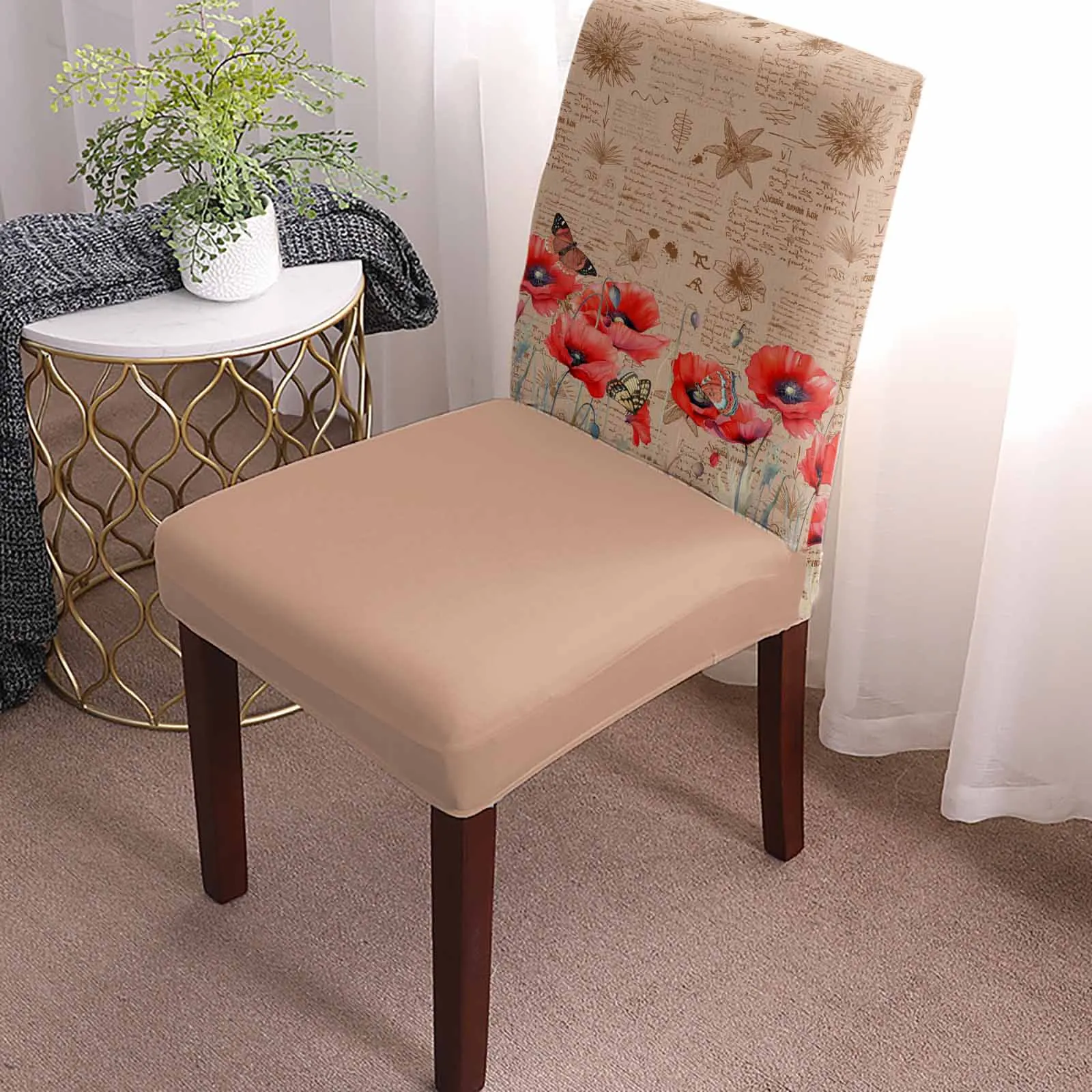 Poppy Flower Retro Butterfly Dining Chair Covers Spandex Stretch Seat Cover for Wedding Kitchen Banquet Party Seat Case