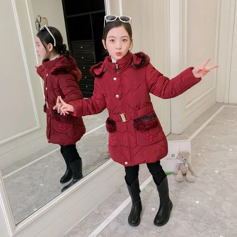 

Girls' Cotton Coat Appear Slim Mid-Length Version Plush Thickened Warm Princess Waistband Fur Collar Pokets 5-12 Years Old