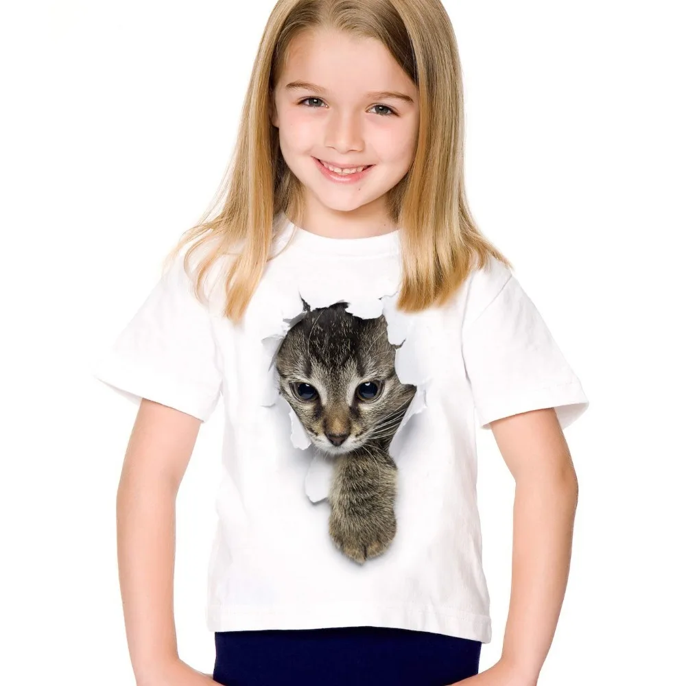 Nova moda bonito crianças roupas de marca para crianças manga curta t-shirts impressão 3d gato t shirts topos do bebê meninas unisex roupas