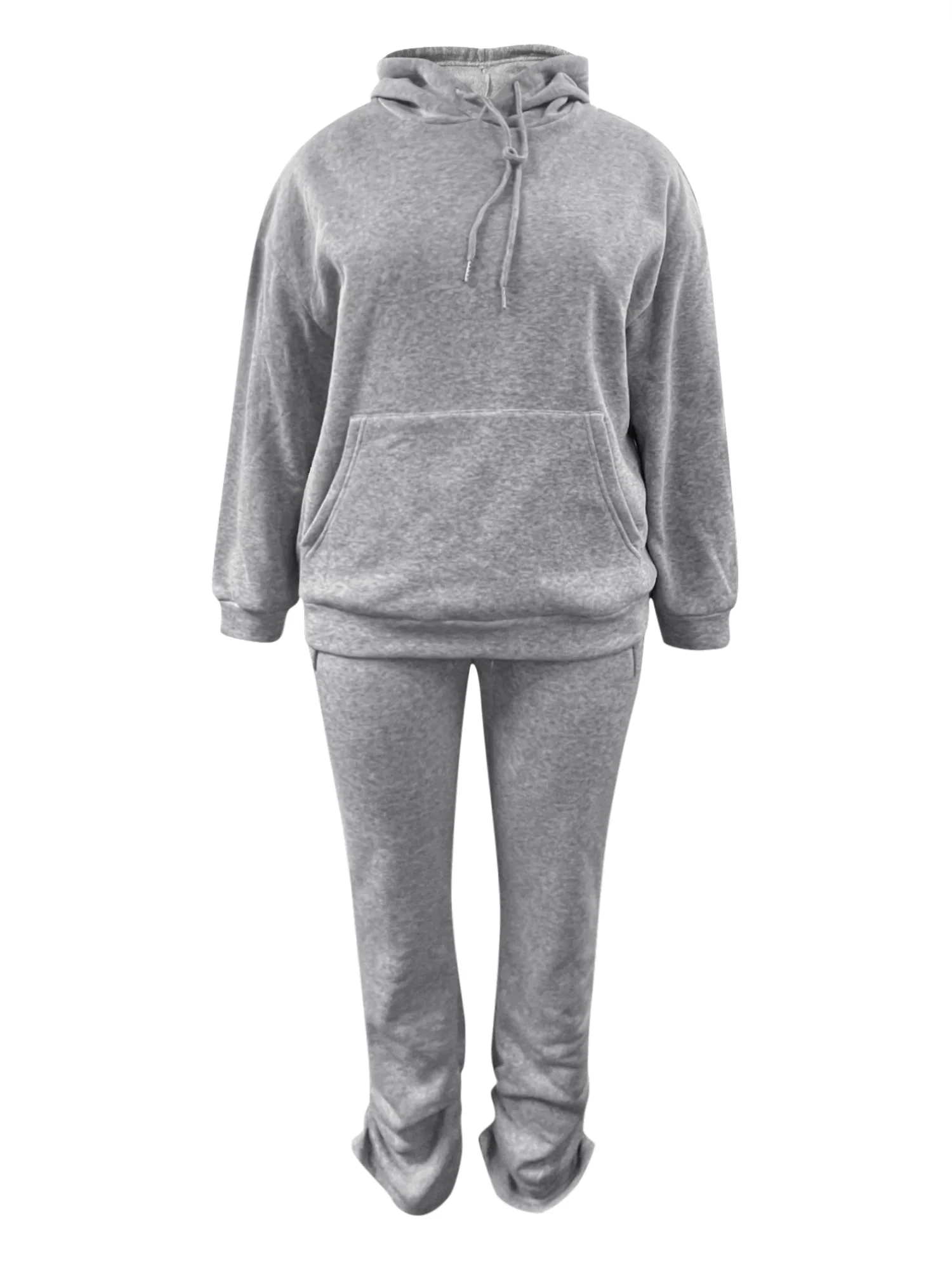 LW Plus Size Plain Sweatsuits Autumn Winter BASICS 2 Piece Tracksuit Kangaroo Pocket Hoody&Stacked Pants Matching Outfits