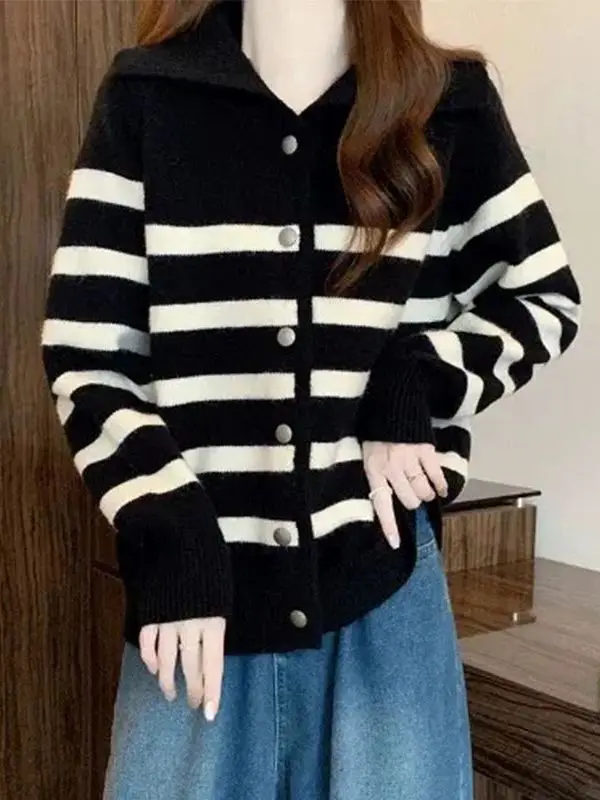 Women's Knitted Open Cardigan Long Sve  Collar Loose Faionable Spring Autumn New Sle Single Button Sweater Coat