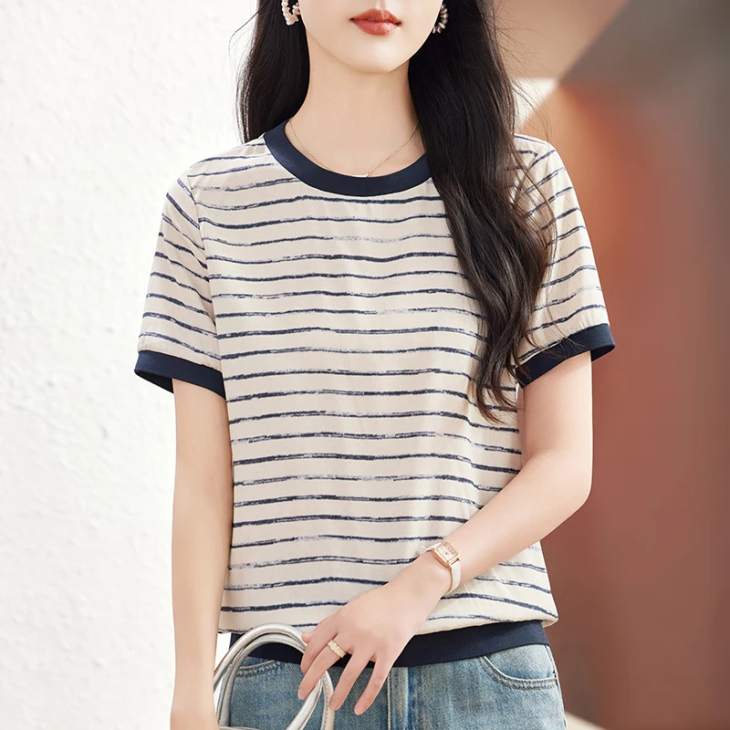 New 19 Momme Real Silk Women's Satin T-shirt 2026 Summer Tees Tops Short Sleeve Woman Casual T-shirts Women Striped T Shirts
