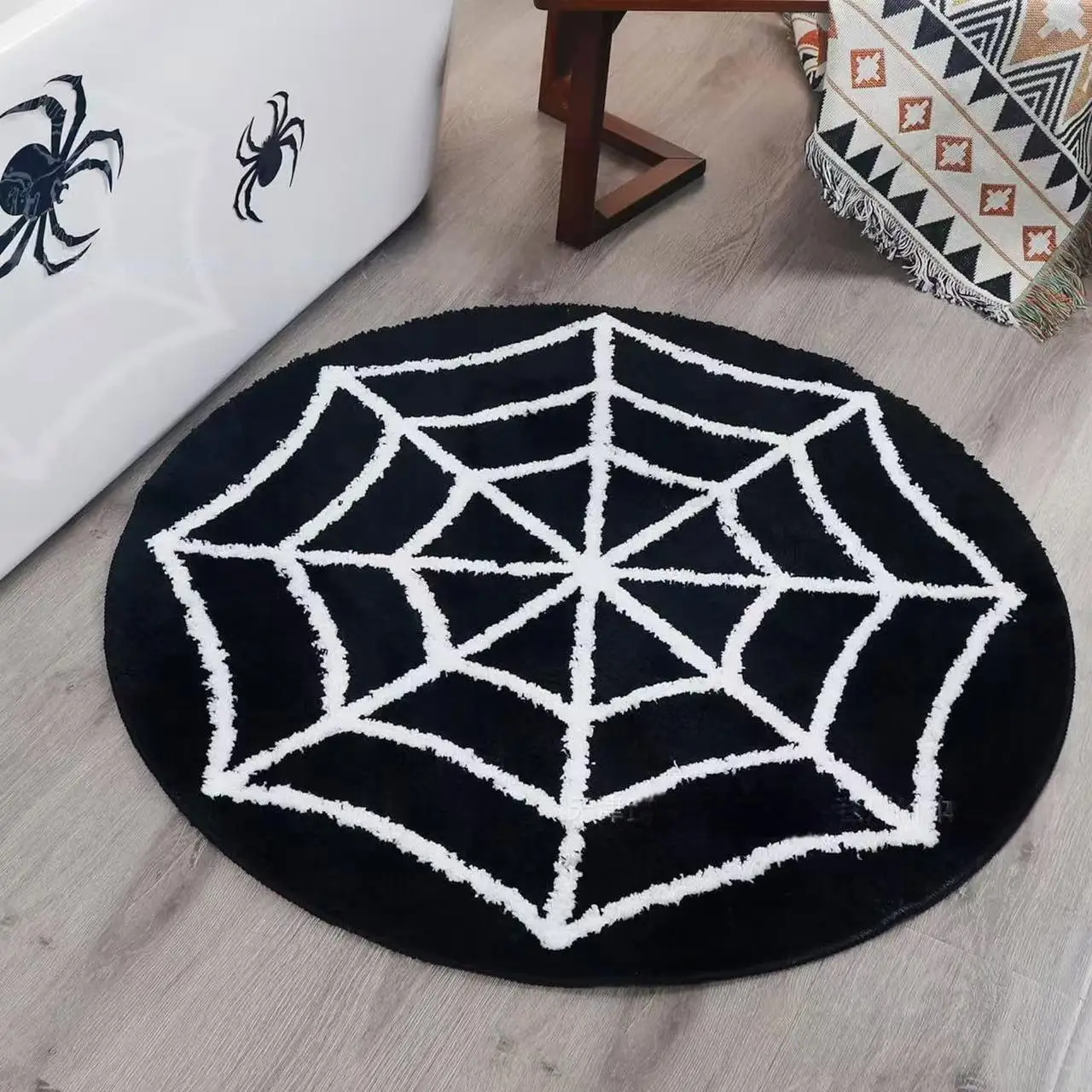 VIAKMA Halloween runder Spinnennetz-Teppich, Badezimmer, Toilette, rutschfest, saugfähig, Bodenmatte, Schlafzimmer, Nachttisch, Decke, Heimdekoration