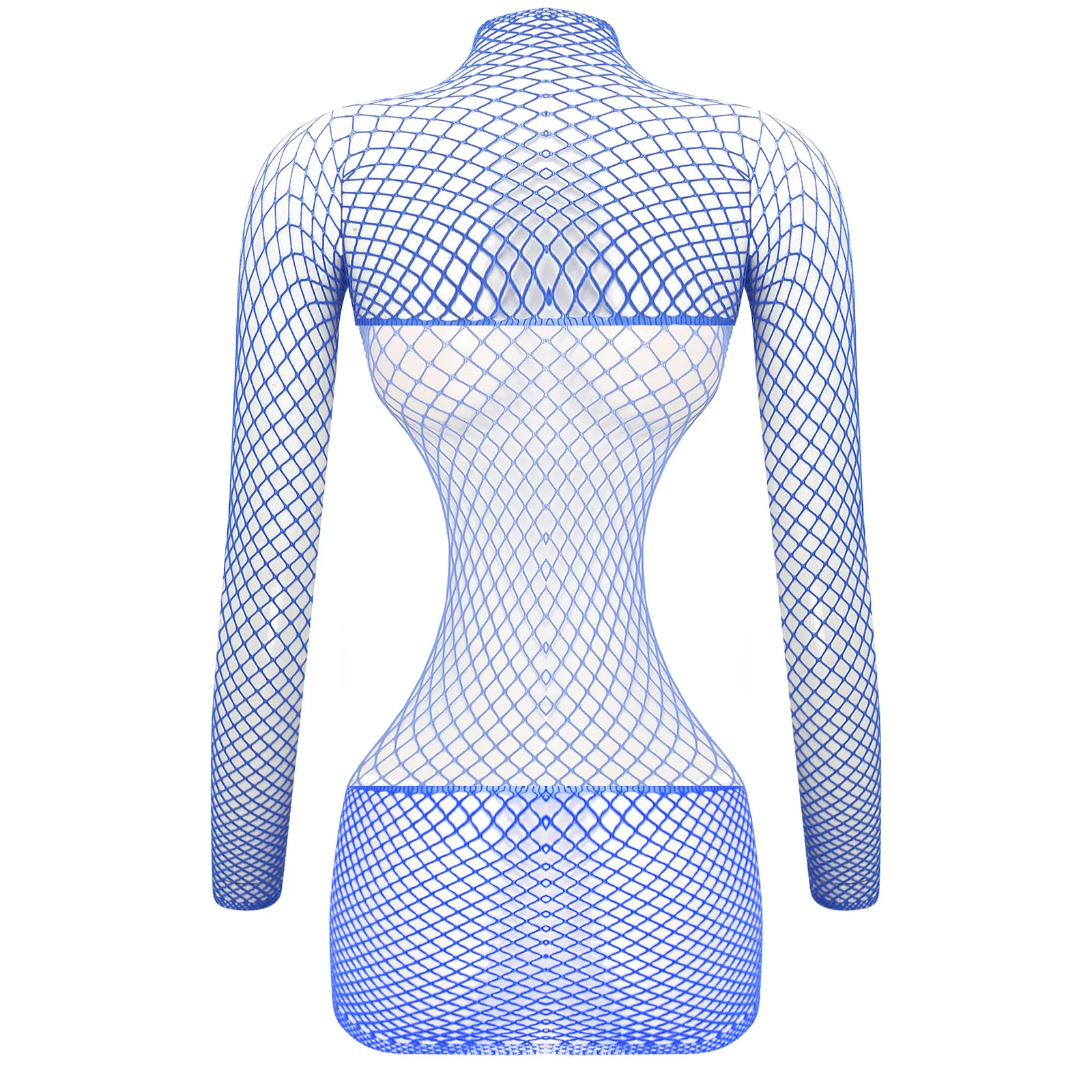 Womens Sexy See Through Fishnet Lingerie Dress Long Sleeve Backless Stretchy Bodycon Dresses Bathing Swimsuit Bikini Cover Up image 3