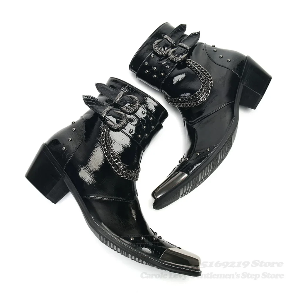 Metal Square Toe 6.5cm Chunky Heel Men Ankle Boot Chain Rivets Decor Buckle Strap Banquet Party Dress Back Zipper Short Boot
