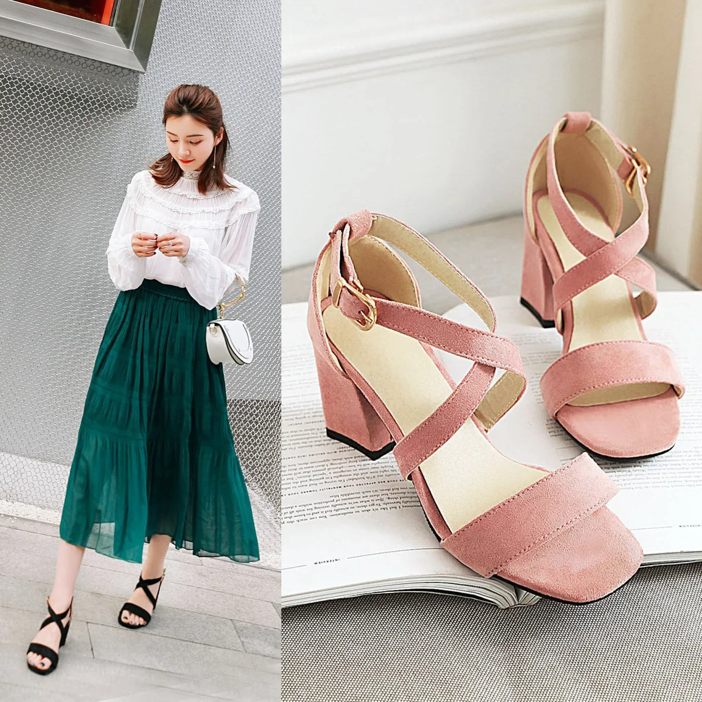 Big Size Casual Women Sandals Black Flock 7cm High Square Heels Peep Toe Summer Cross Buckle Strap Party Office Red Lady Sandals