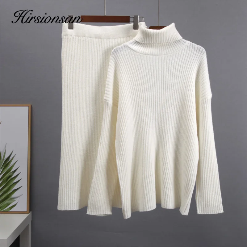 Hirsionsan Elegant Knitted Sets Women 2023 New Casual Two Pieces Turtle Neck Sweater and Midi Skirt Female Warm Suits with Skirt