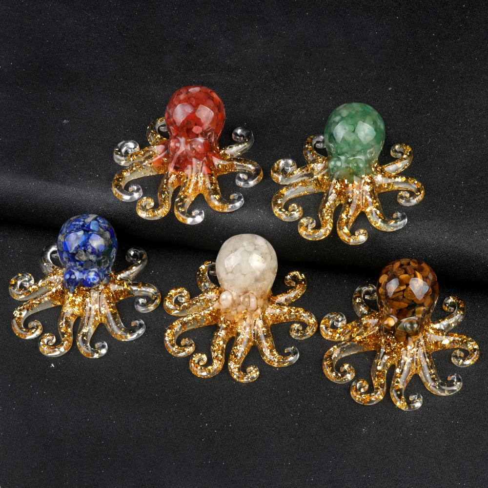Natural Crystal Agate Stone, Crushed Stone, Adhesive Resin, Octopus, Squid Tabletop Landscape Ornaments, Home Crafts Daily Gifts