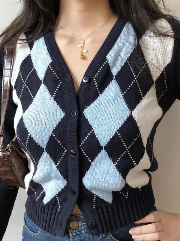 

Американский ретро V-Ne Diamond id Long Sve ort вязаный кардиган женский свитер пальто ранняя осень новый слей на одной пуговице