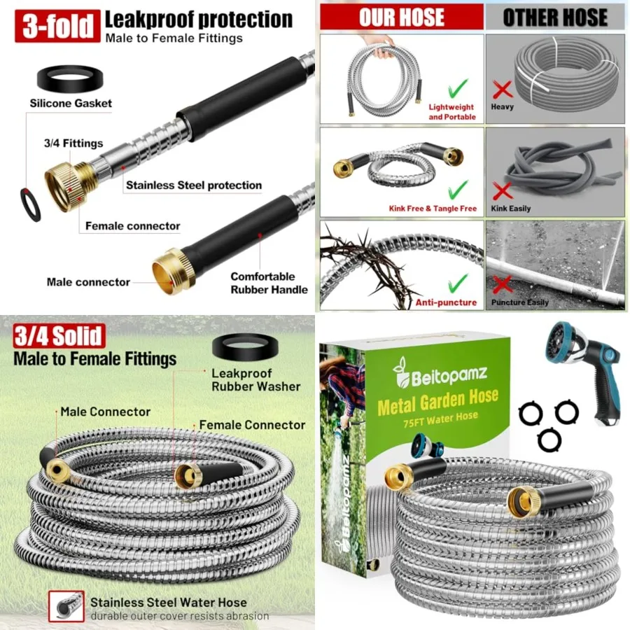 

Garden Hose, Stainless Steel Metal Water Hose with Nozzle, Flexible and Durable, Rust Proof, No-Kink, Heavy Duty, Leakproof 3/4