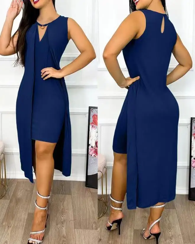 

Women Dresses Solid Bodycon Dress Slit Faux Layer V Neck Sleeveless Knee Length Slight Strech Casual Slim Fit Sexy 2026 Summer
