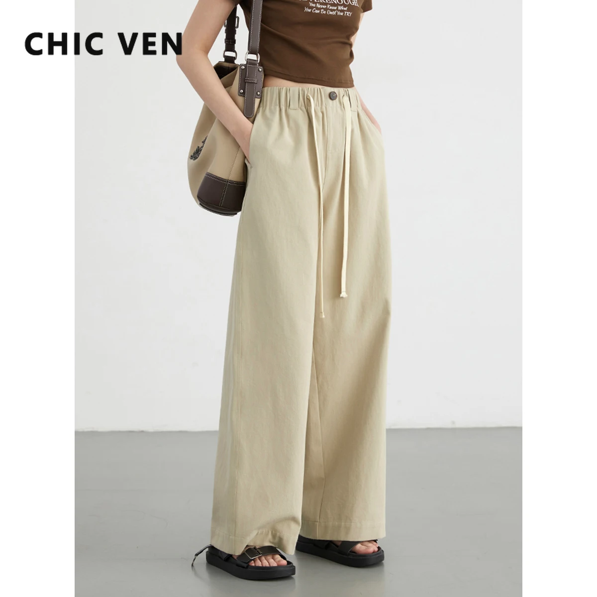 

CHIC VEN Women Pants Casual Soild High Waisted Elastic Drawstring Wide Leg Pants Fashion Straight Ladies Trousers Summer 2024