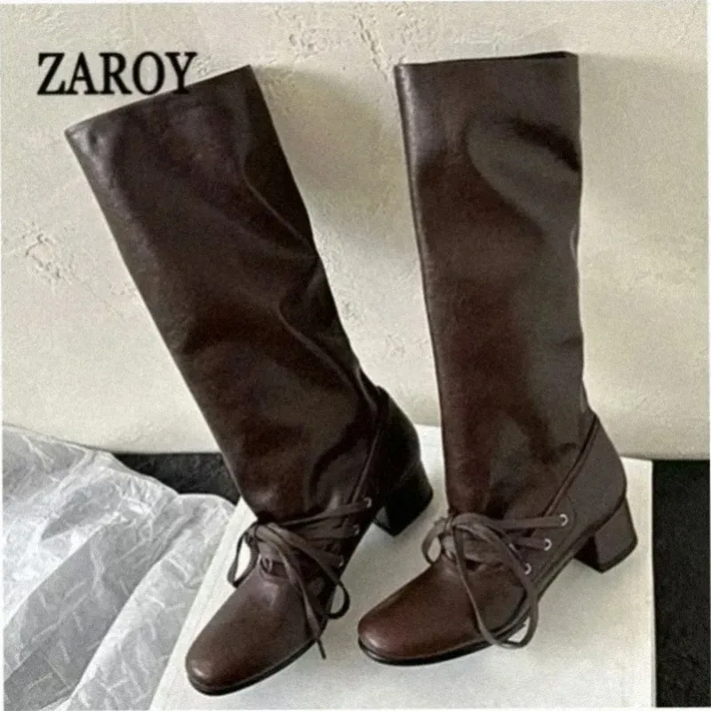 ZAROY Newest Design Women Knee-High Boots Autumn Winter Elegant Lace-Up Round Toe Chunck Vintage Chic Coffee Soft Slouchy Boots