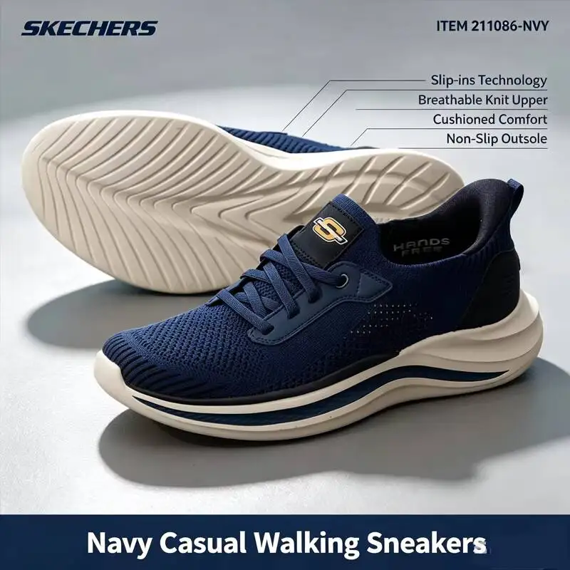Skechers Men Slip-ins Walking Shoes 211086-NVY Navy Breathable Knit Cushion Lightweight Outdoor Gym Athletic Sneakers