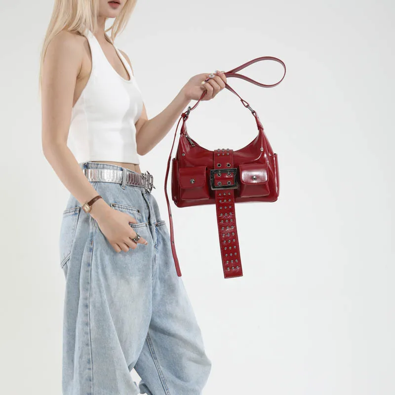 2025 جديد لامع الصلبة بولي Hot فتاة نمط حقائب كتف المسامير جيوب متعددة المألوف الساخن العصرية حقائب كروسبودي للنساء #3