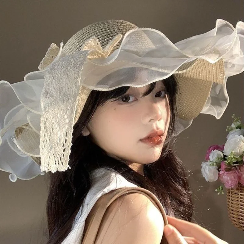 새로운 프랑스어 레이스 보우 밀짚 모자 여성 여름 바이저 태양 모자 해변 해변 휴가 태양 모자 Sombrero Playa Mujer
