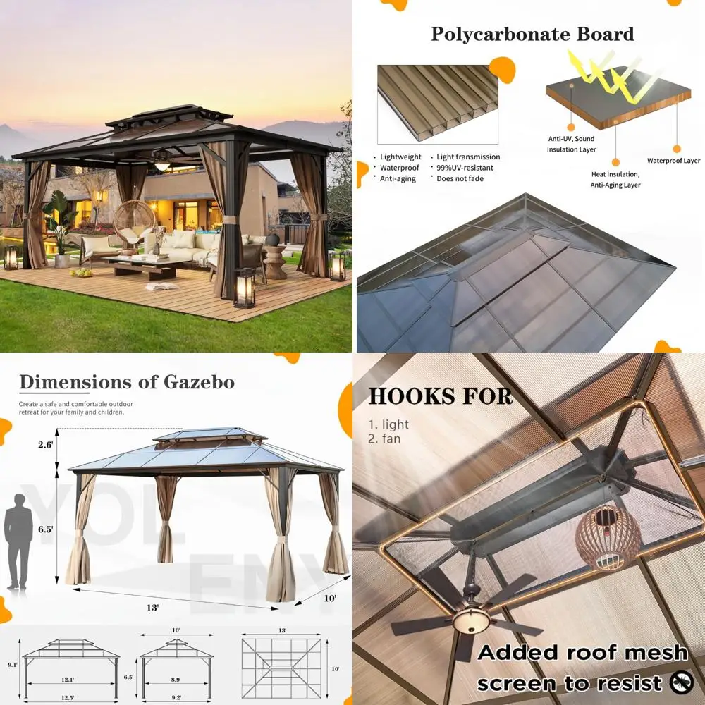 

10'x13' hardtop gazebo, outdoor polycarbonate double roof canopy, aluminum frame permanent pavilion with curtains and netting,