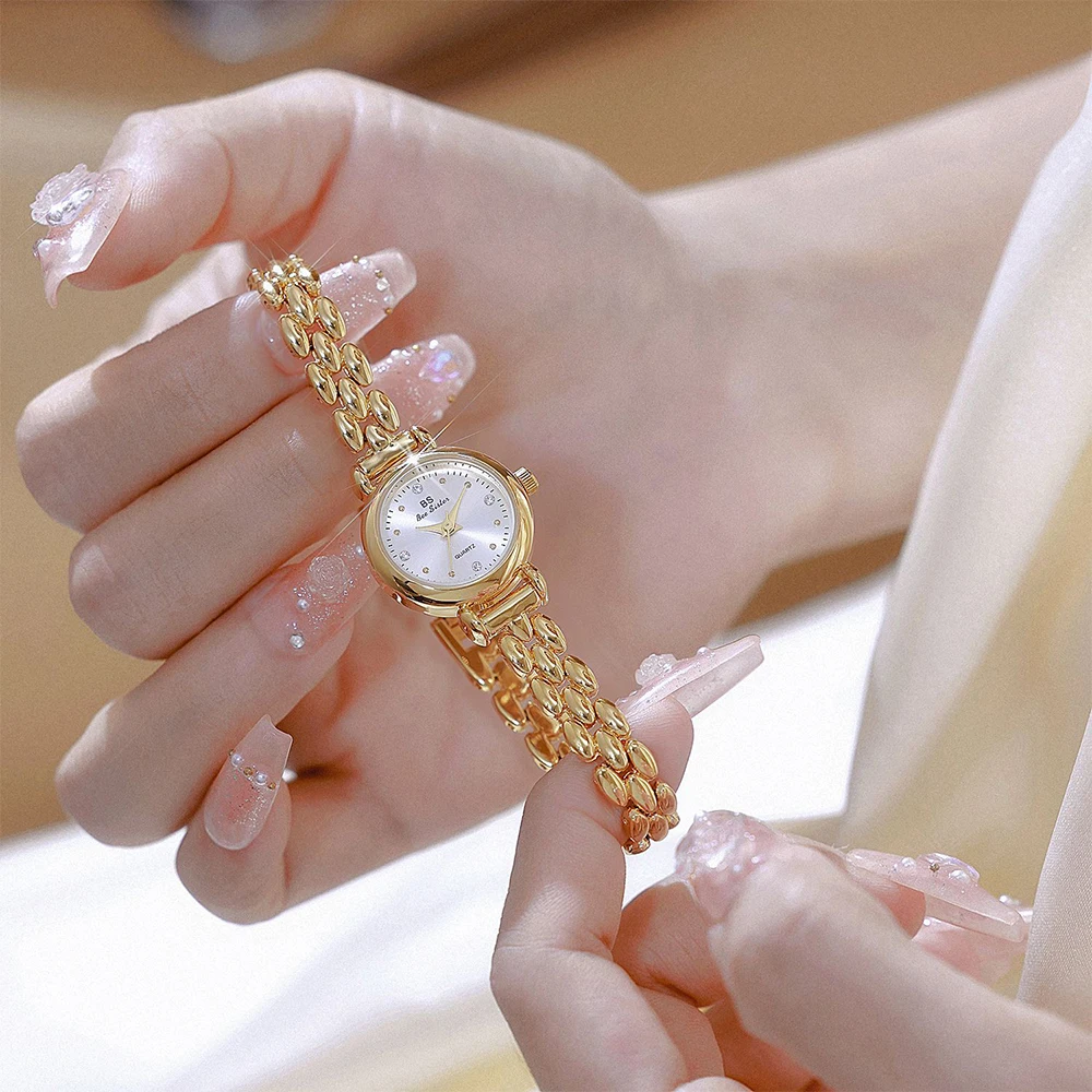 BS Luxury Women's Watches Simple Retro Gold Silver Women's Wristwatch Elegant Quartz Small Chain Watch Woman