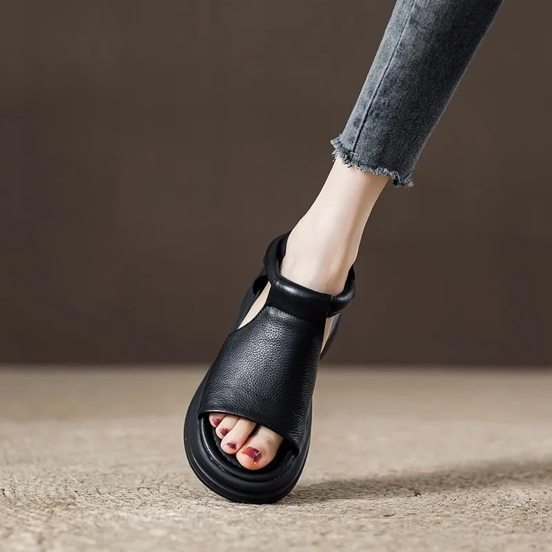 Sandales d'été en cuir pour femmes, plateforme de pause, sac rétro, talon, sandales romaines, chaussures à bouche de poisson, pantoufles de plage à bout ouvert, nouvelle collection 2025