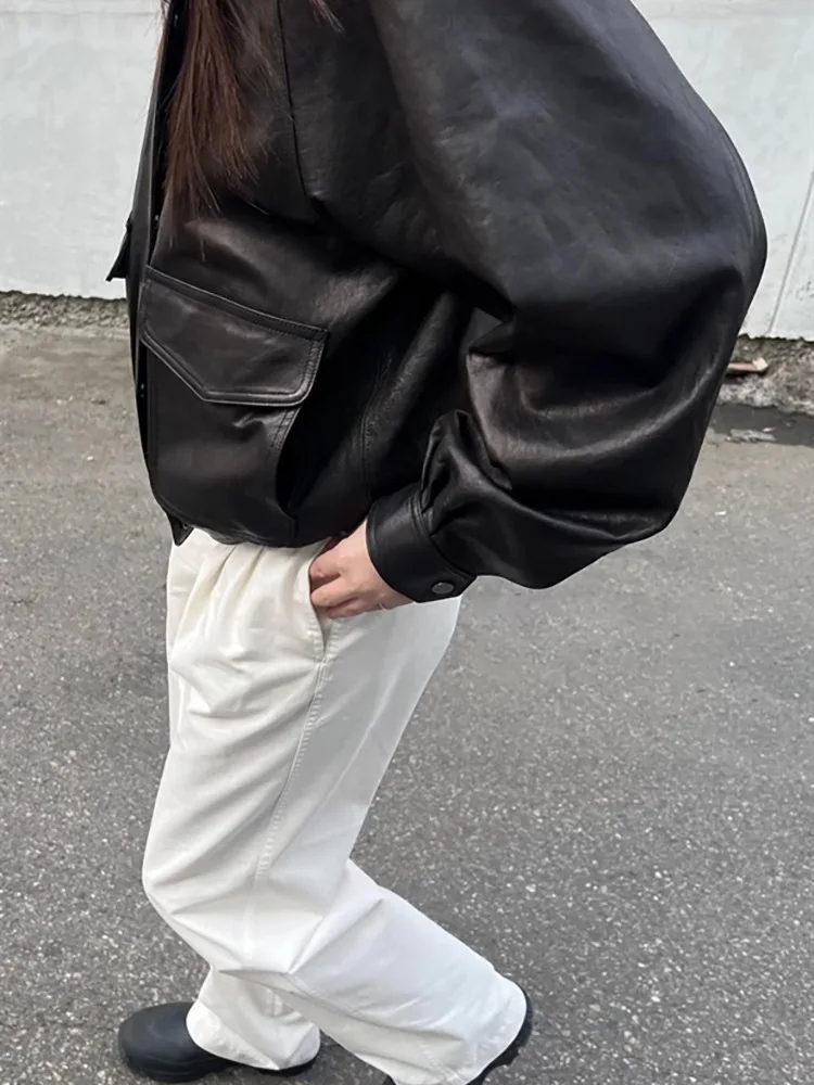 Dongdaemun 2025, Frühjahr Neue Sle Nw*o Stehkragen Bla Leder Jaet High Sense Retro Mantel frauen Lose fit Lange Sve