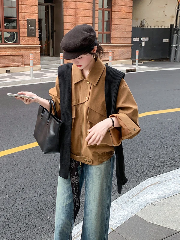 

American Retro Brown Jaet Women's ort Early Spring Autumn 2025 New Small Size Ele Versatile Top Casual Loose Fit