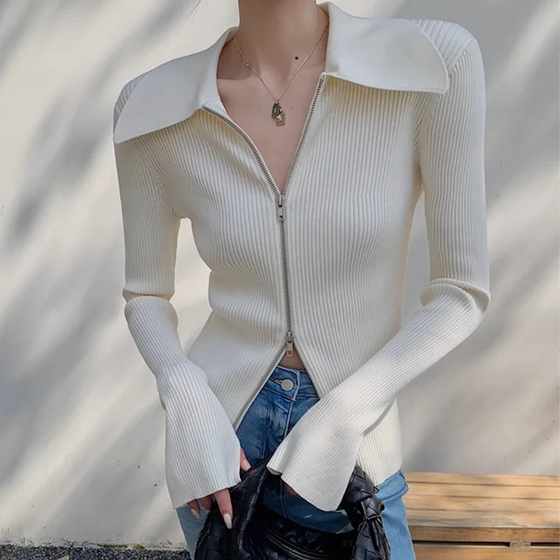 White V-Neck Cardigan Sweater Jacket For Women, 2024 Autumn And Winter New Design, Double Zipper Knitted Slim Fit Top