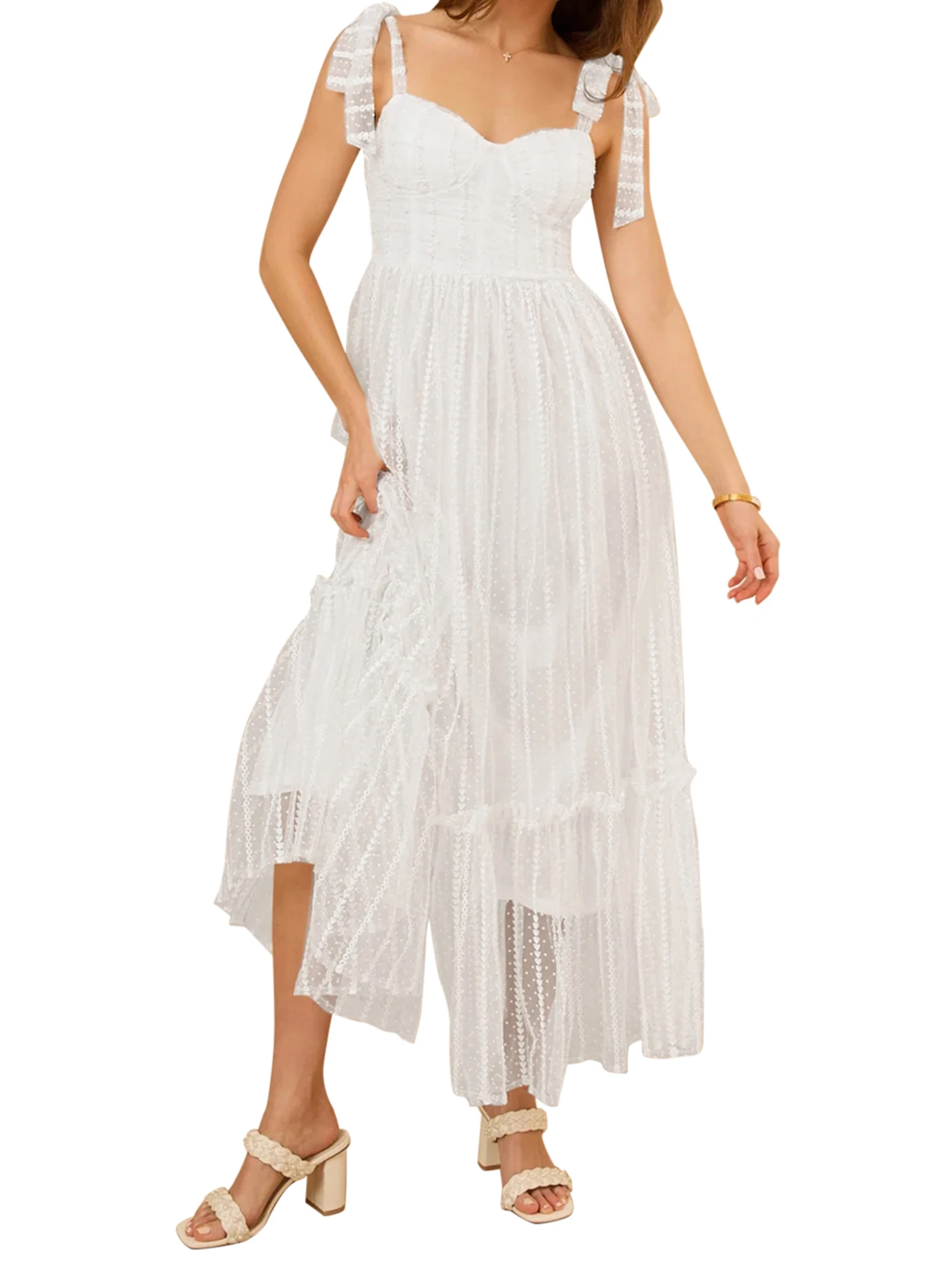 Elegant Floral Lace Sleeveless Dress with V-Neckline and Tie-Up Straps for Summer Wedding Party Beach Streetwear Cocktail