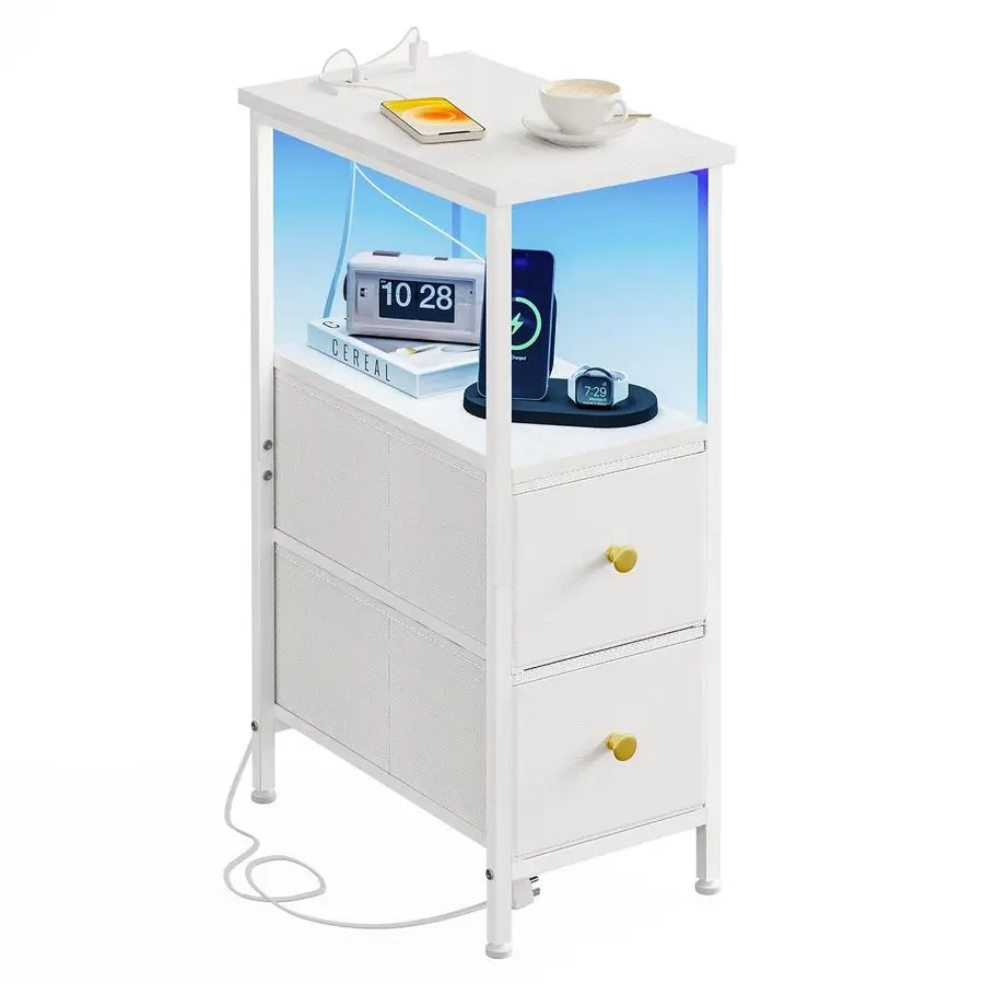 

Узкий приставной столик с зарядной станцией и светодиодной подсветкой, узкая тумбочка с 2 тканевыми ящиками, тонкий столик для спальни, общежития