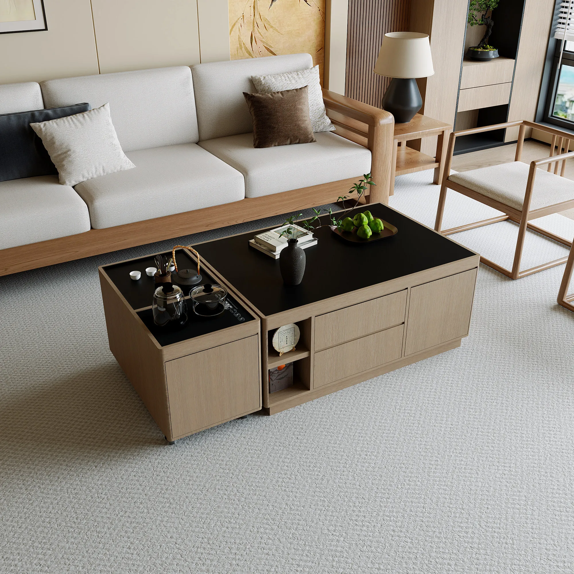 CX Vintage-style solid wood coffee table storage combo Kungfu coffee table with rounded corners