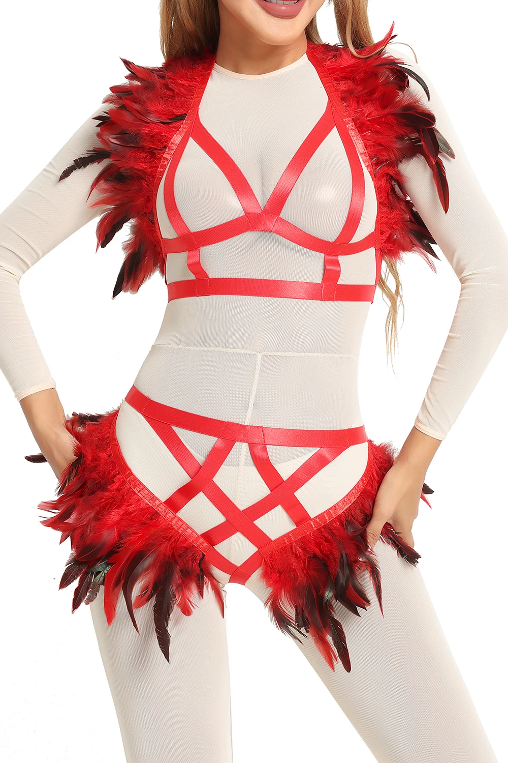 Soutien-gorge en plumes SFP pour femmes, haut court, ensemble de lingerie de danse réglable, élastique, cosplay gothique, Halloween, rave