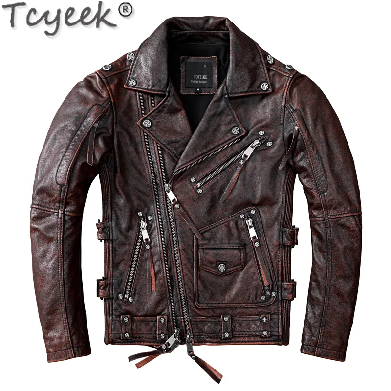 

Tcyeek Streetwear Natural Real Cow Leather Coat Men Clothes 2024 Motorcycle 100% Genuine Leather Jacket Man Hommes Veste 1928