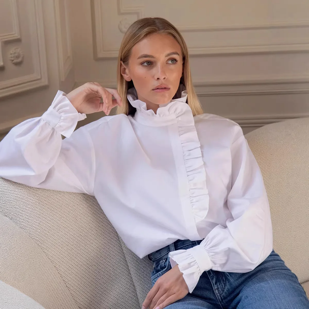 Diagonal Placket Shirt Spring and Summer New Fashion Design Stand-up Collar Ruffled Shirt