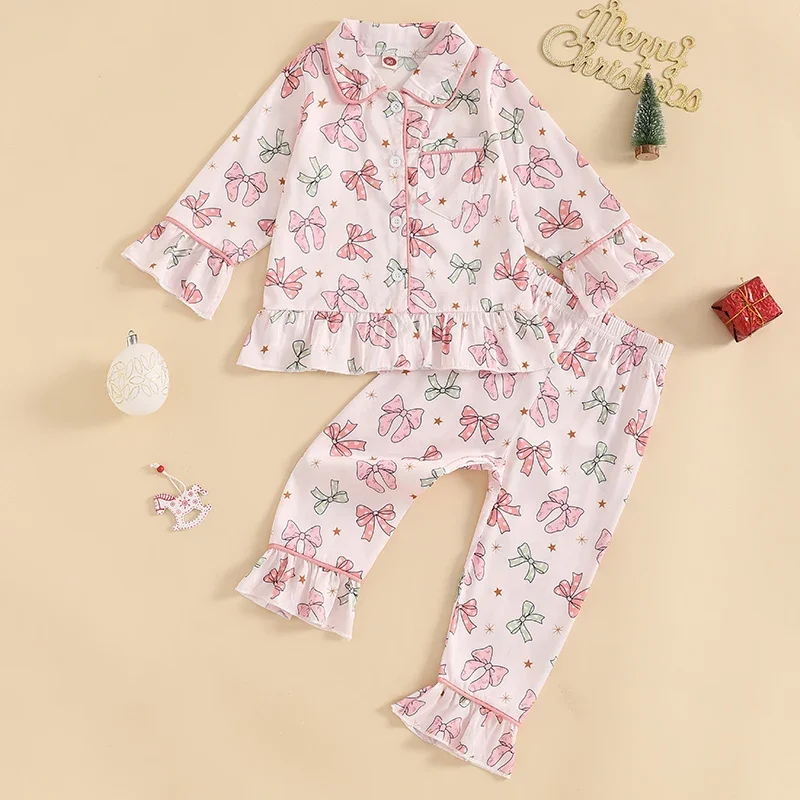 Kids Baby Girls Christmas Pajamas Set Gingerbread Man/Bow Print Long Sleeve Lapel Button Shirts Tops Pants Sleepwear