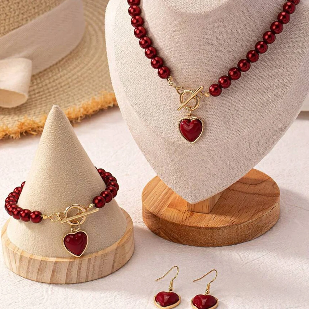 3 PCS Set Pearl Effected Rose Charm Imitation Pearl Necklace Bracelet Earring Stud Set Heart Pendant Necklace Jewelry Set Gift image 4
