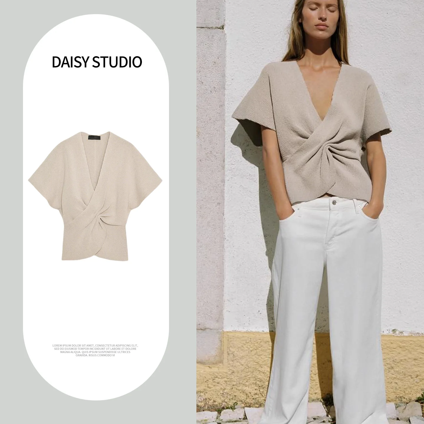

Loose Style Women's Knitted Short Sleeve V-Neck Double-Breasted Pleated Knot Top New Summer Fashion Polyester Fiber