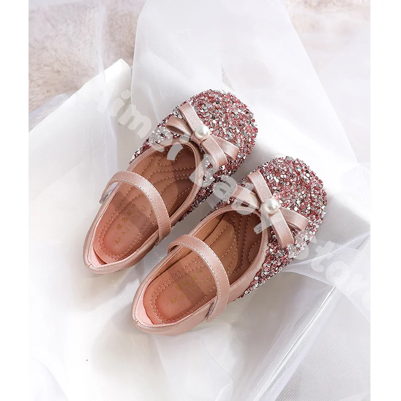 Pink Childrens leather Flat Single Shoes Girls Kids Rhinestone Bowknot Princess Shoes For Wedding And Party Girl Dance Shoes